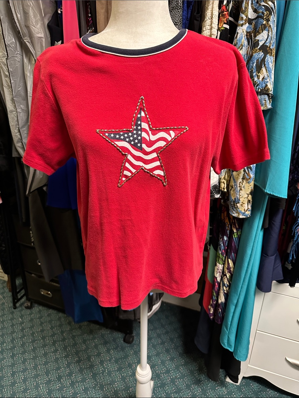 Red Short Sleeve Tee with American Star Applique
